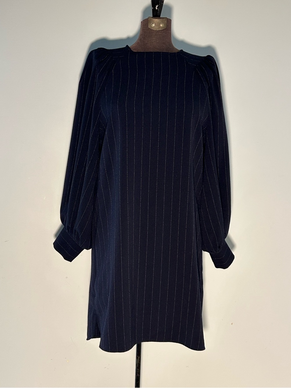 GANNI Classic Navy Pinstripe Long-Sleeve Shift Dress